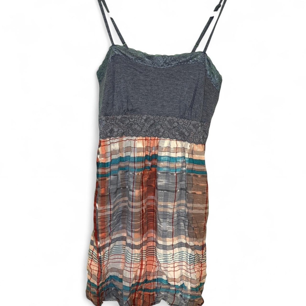 Mossimo gray & blue plaid mini dress with lace trim